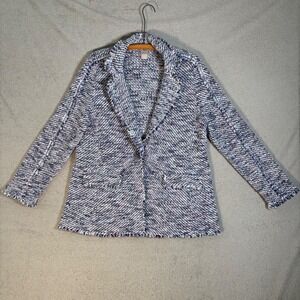 Chicos Tweed Blazer Jacket Womens Size L (2) Multicolor Fringe Trim Boho Office